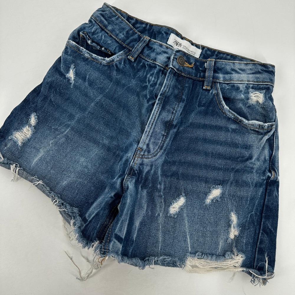 Zara Distressed Denim Cut Off Shorts Blue High Rise Size 4 Grunge Festival Boho